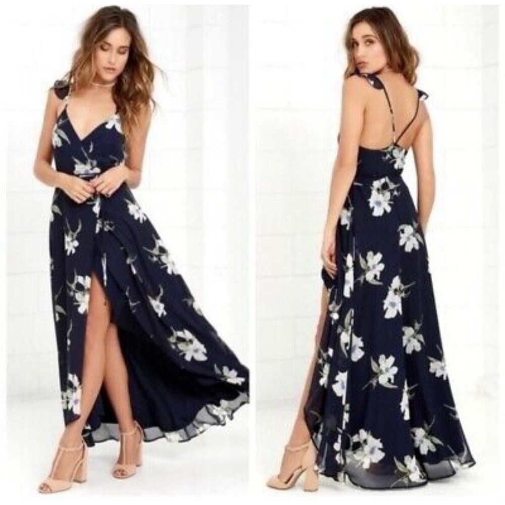 Lulus All Mine Navy Blue Floral Print High-Low Wrap Dress size M Wedding Event